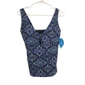 Sol Borne Tankini Swim Top L Womens Padded Blue Geometric Pullover NWT